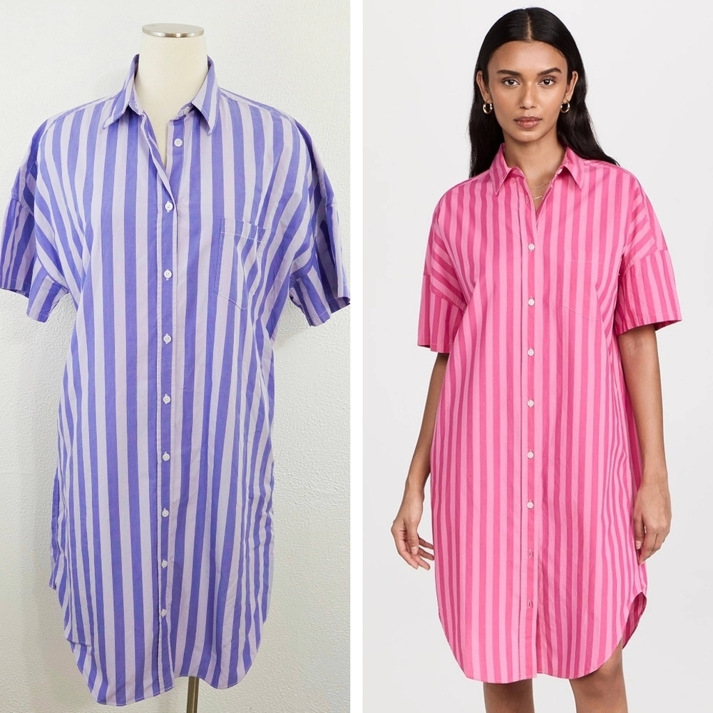 LMND Short Sleeve Purple Stripe Shirt Dress Collared Button Down Size Medium